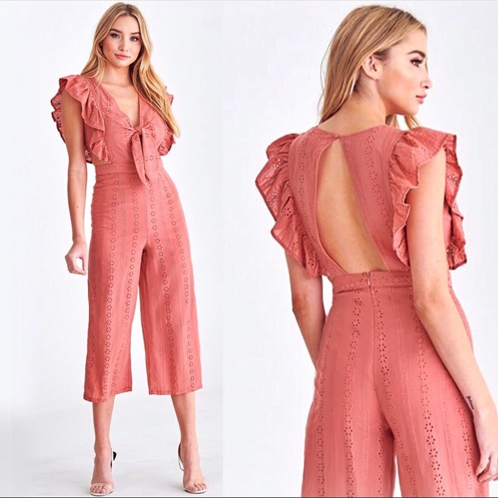 NEW! Ruffle Sleeve Open Back Cropped Jumpsuit - Picture 5 of 6